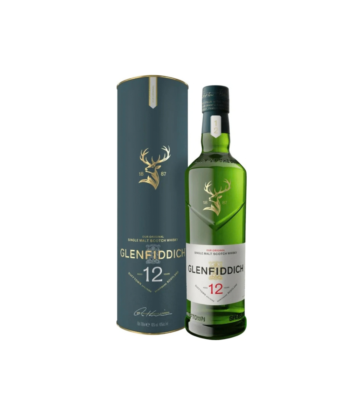 A bottle of Glenfiddich 12 Year Old single malt Scotch whisky stands next to its tall cylindrical packaging box. The bottle is made of dark green glass with a white label featuring a red '12' and a gold deer logo.